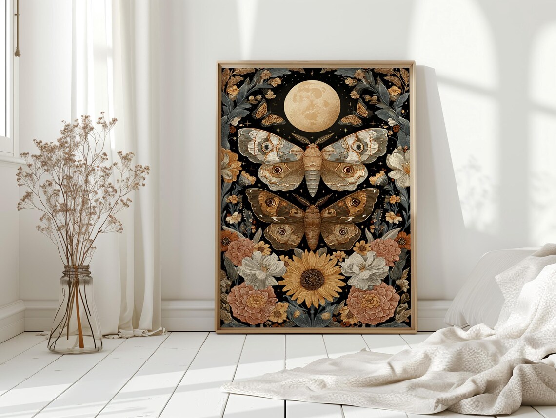Moth And Moon Art Print, Mystical Botanical Insect