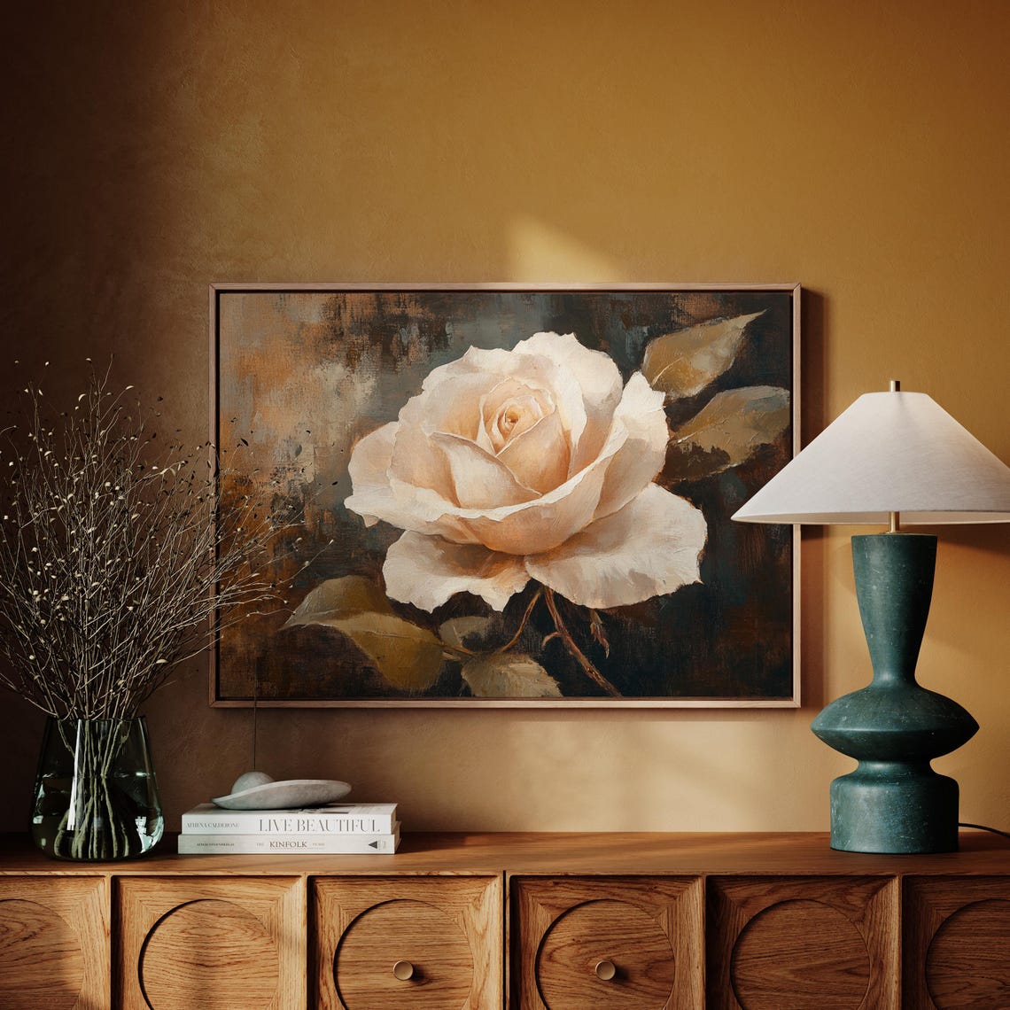 Cream White Rose Bloom Vintage Floral Oil Painting Elegant Poster