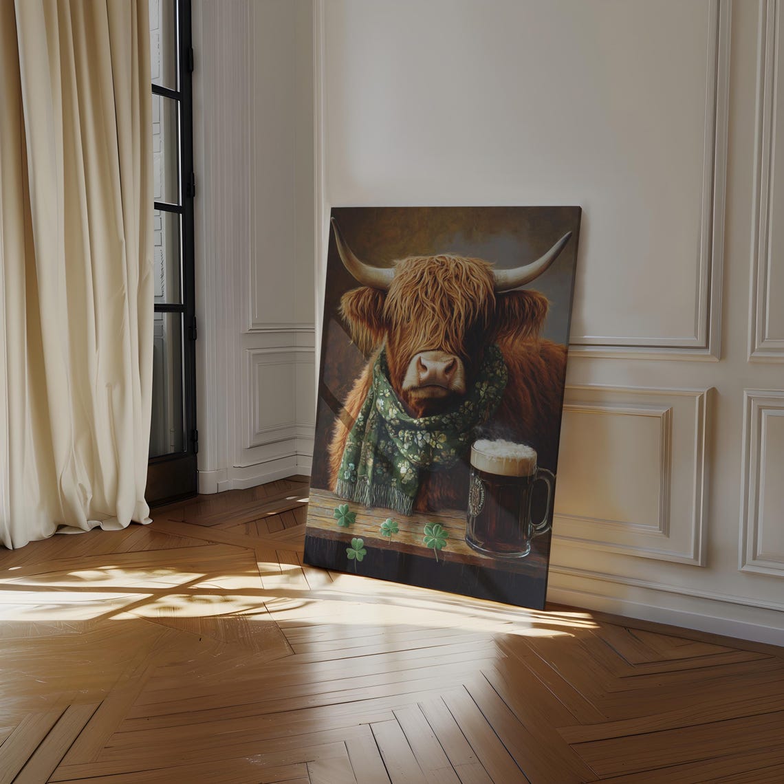 Shaggy Highland Cow Clover Scarf Frothy Beer Mug Wall Poster - Image 3