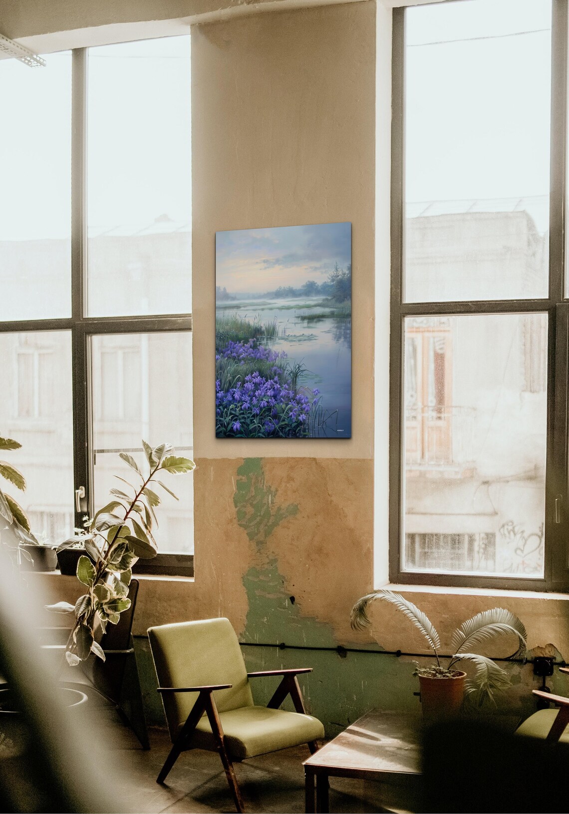 Purple Wildflower Meadow Along Misty River Nature Wall Poster - Image 5