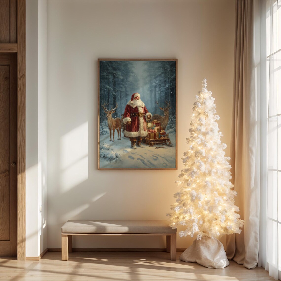 Santa With Reindeer And Lantern, Christmas Poster