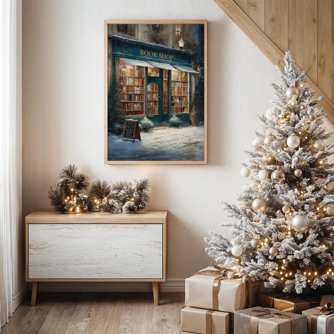 Cozy Warm Winter Bookshop Storefront Snowfall Night Scene Poster