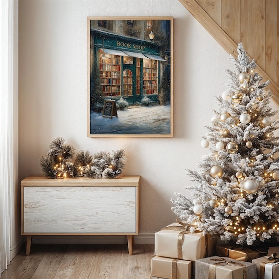 Cozy Warm Winter Bookshop Storefront Snowfall Night Scene Poster