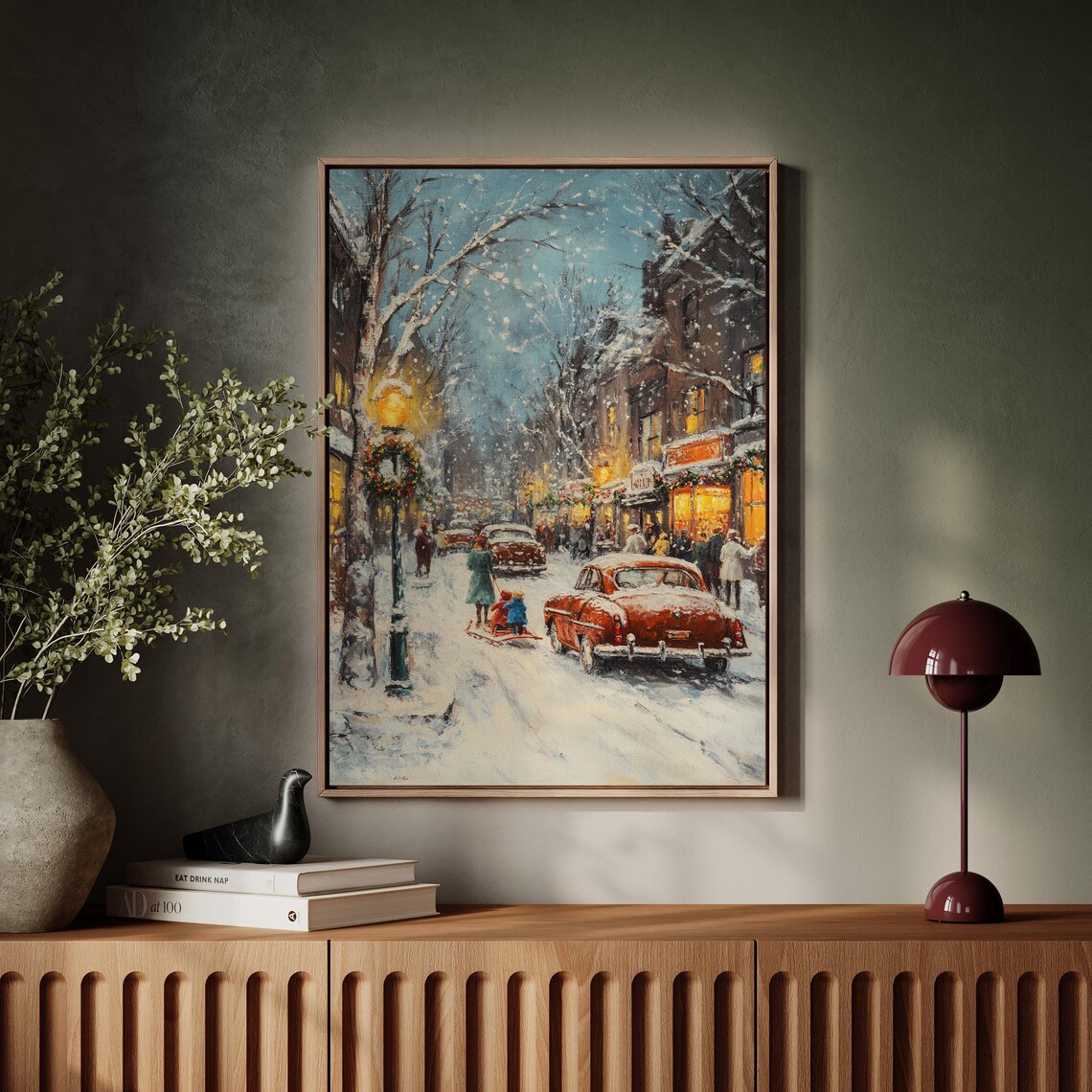 Vintage Winter Street Scene Snowy Christmas Retro Cars Holiday Poster - Image 7