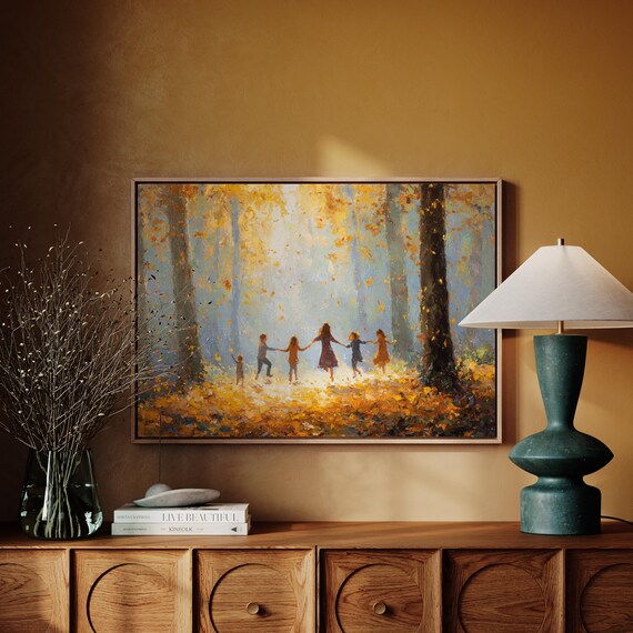 Children Dancing Hand in Hand in Golden Autumn Forest Painting Poster