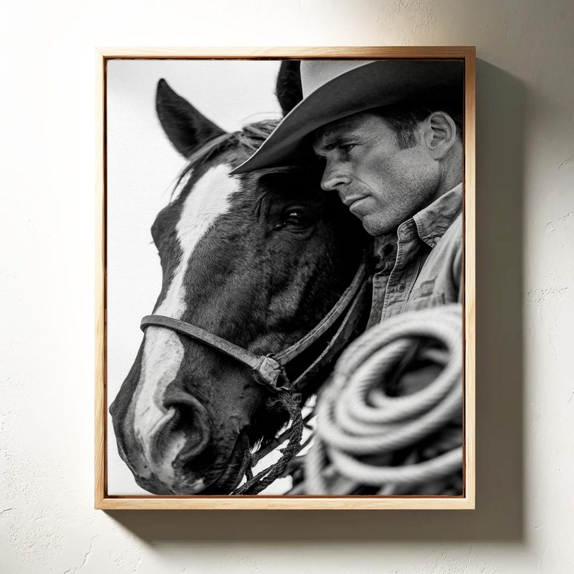 Cowboy Holding Rope Beside Horse Black and White Portrait Art Print