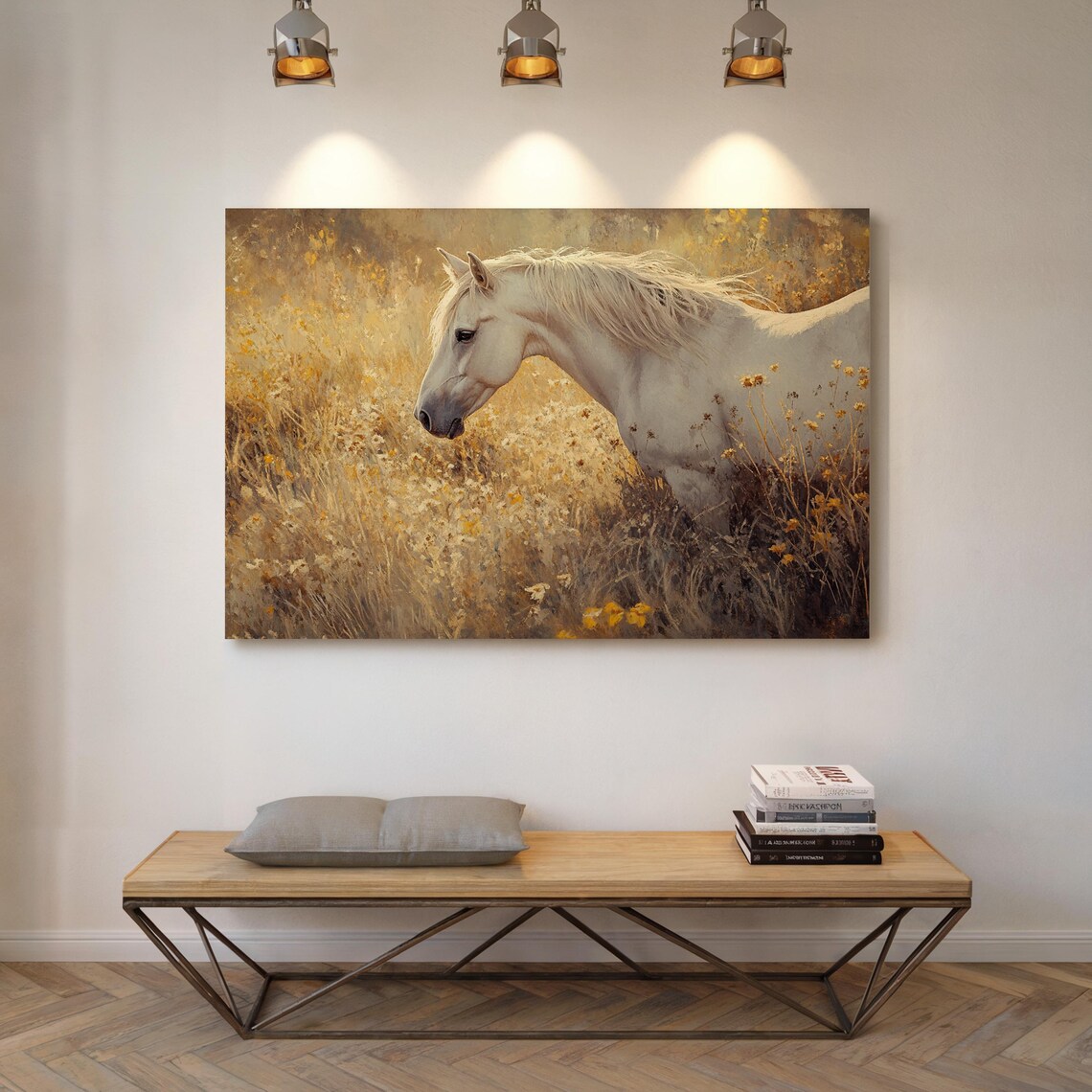 White Horse Golden Wildflower Meadow Equestrian Rustic Art Poster - Image 5