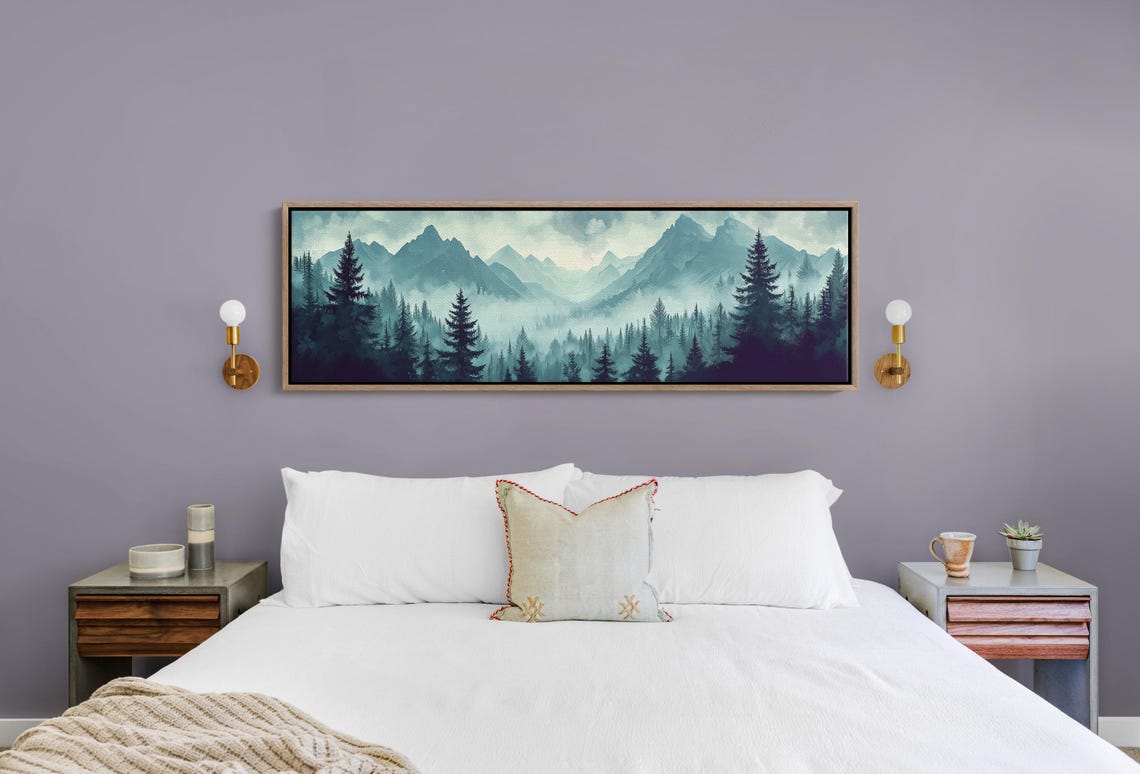 Misty Pine Forest Foggy Mountain Peaks Teal Wilderness Scenic Poster - Image 5