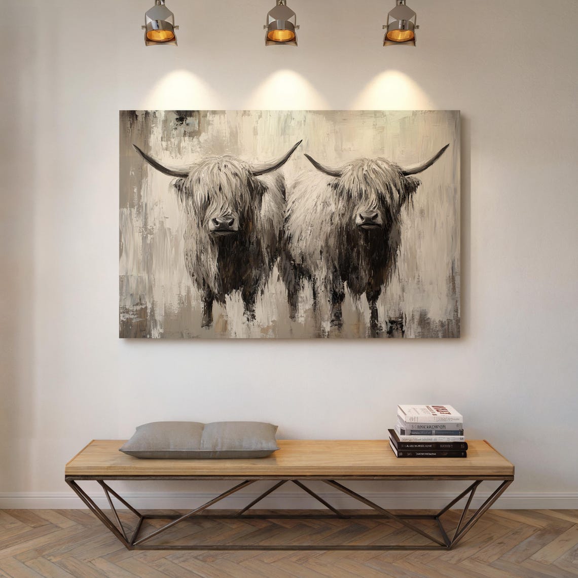 Highland Cows Pair Rustic Farmhouse Beige Oil Painting Poster - Image 6
