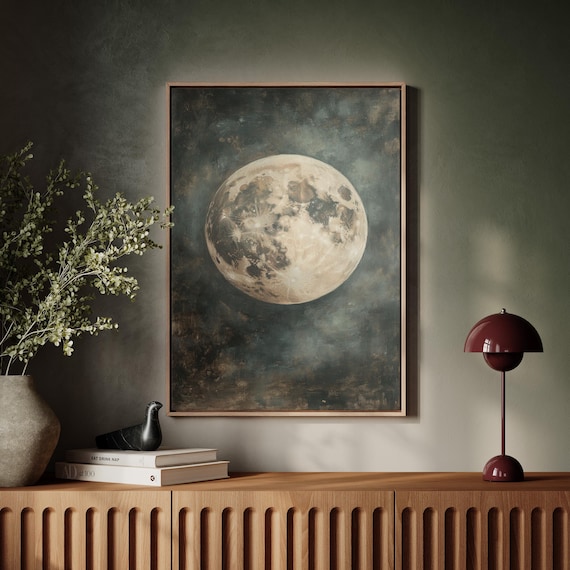 Vintage Full Moon Poster, Celestial Lunar Landscape