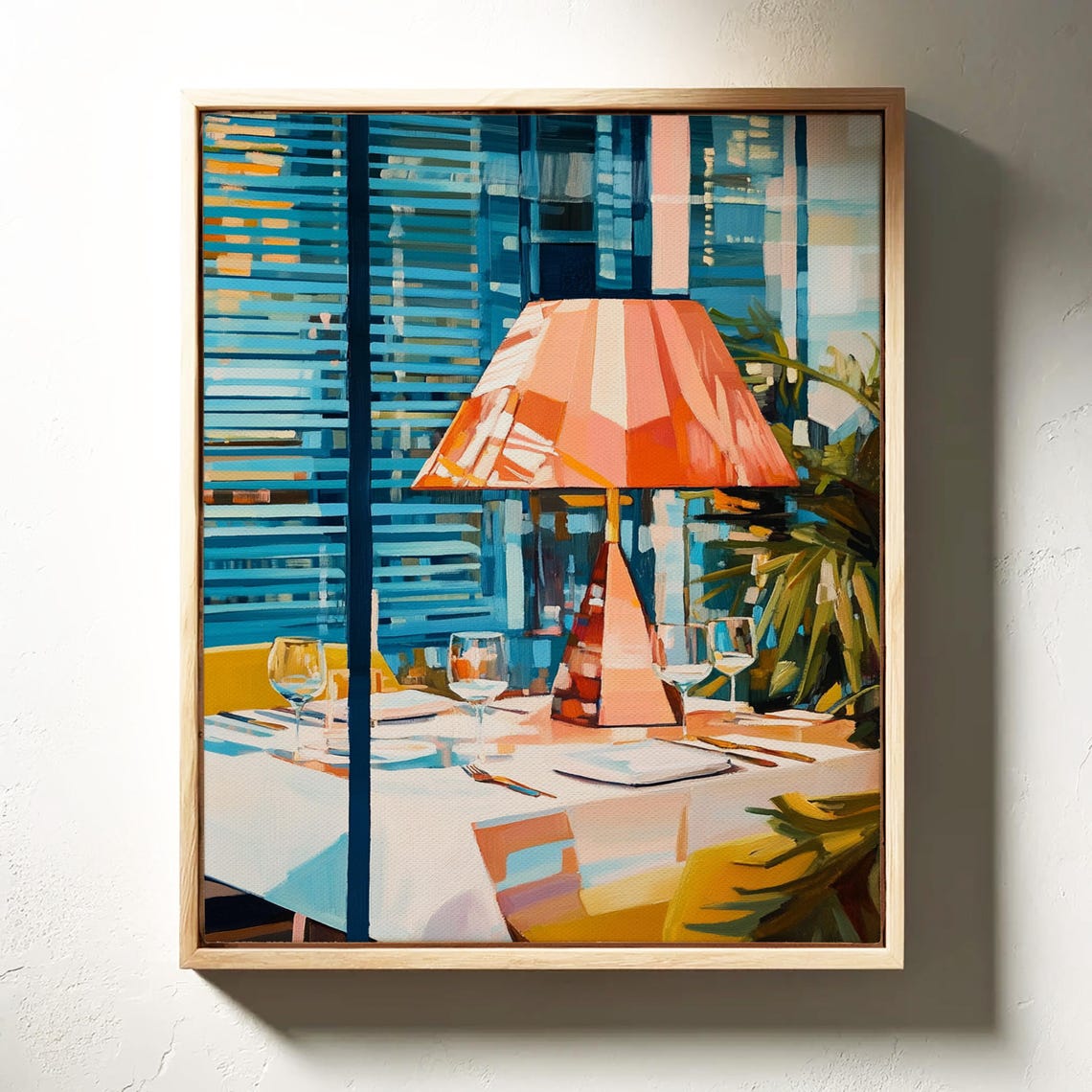 Vibrant Restaurant Table Lamp Dining Scene Modern Interior Art Poster