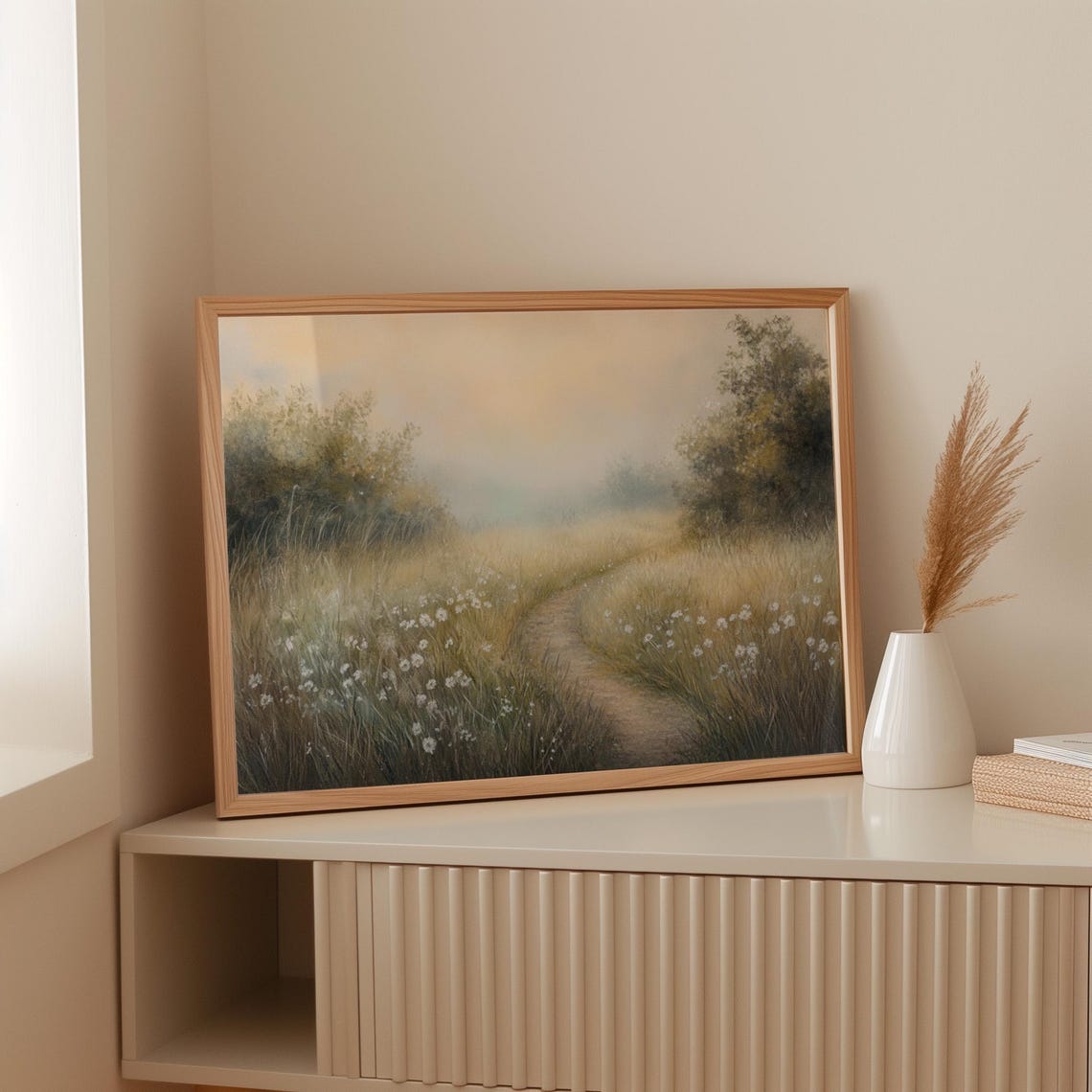 Misty Meadow Path at Dawn With White Wildflowers Landscape Art Print