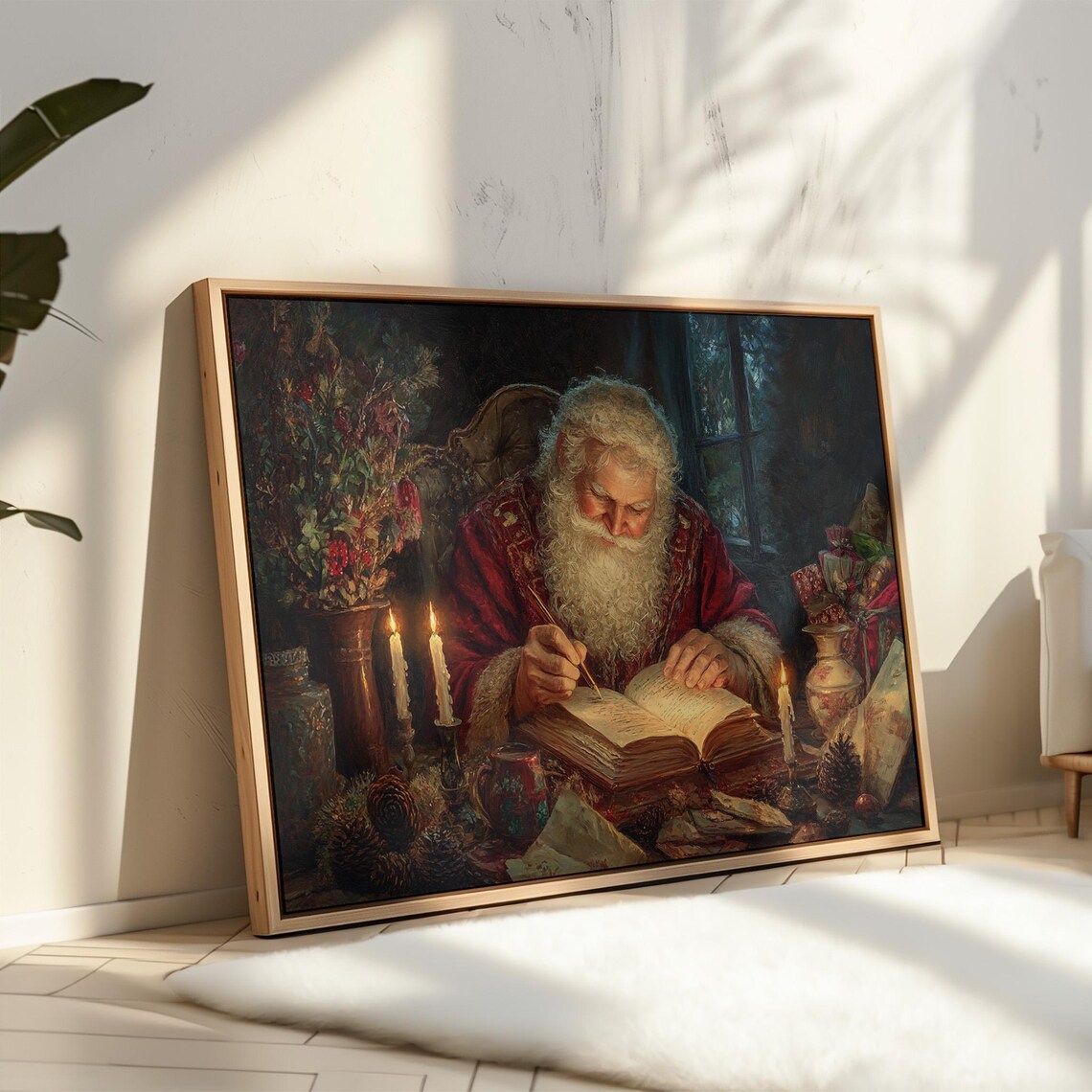 Santa Writing His List, Vintage Christmas Oil Painting - Image 3