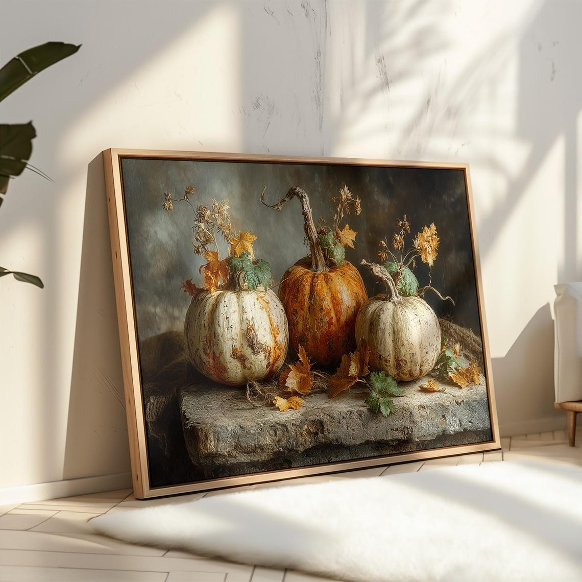 Rustic Autumn Pumpkins on Stone Vintage Harvest Still Life Poster