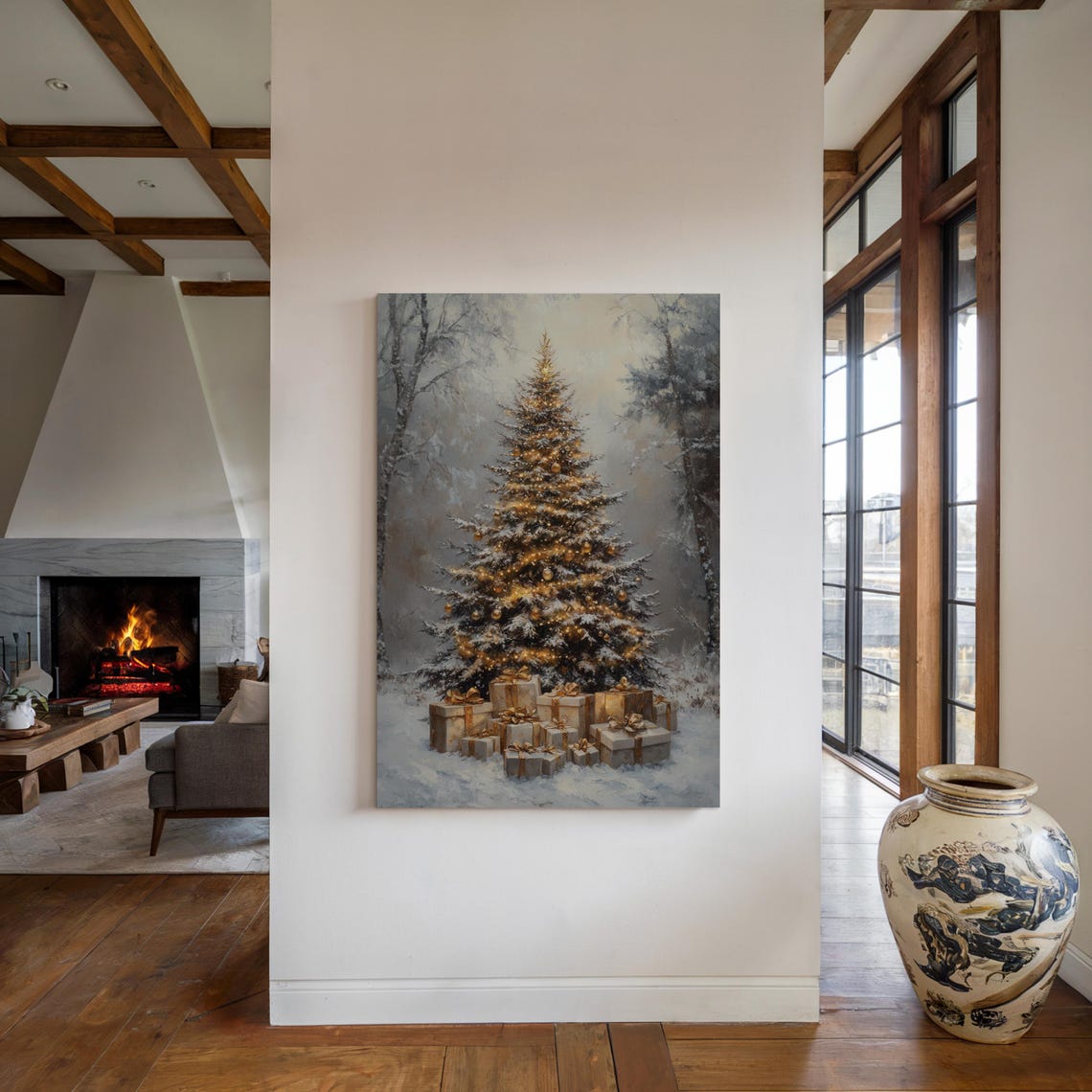 Golden Lit Christmas Tree with Gifts in a Winter Snow Poster - Image 4