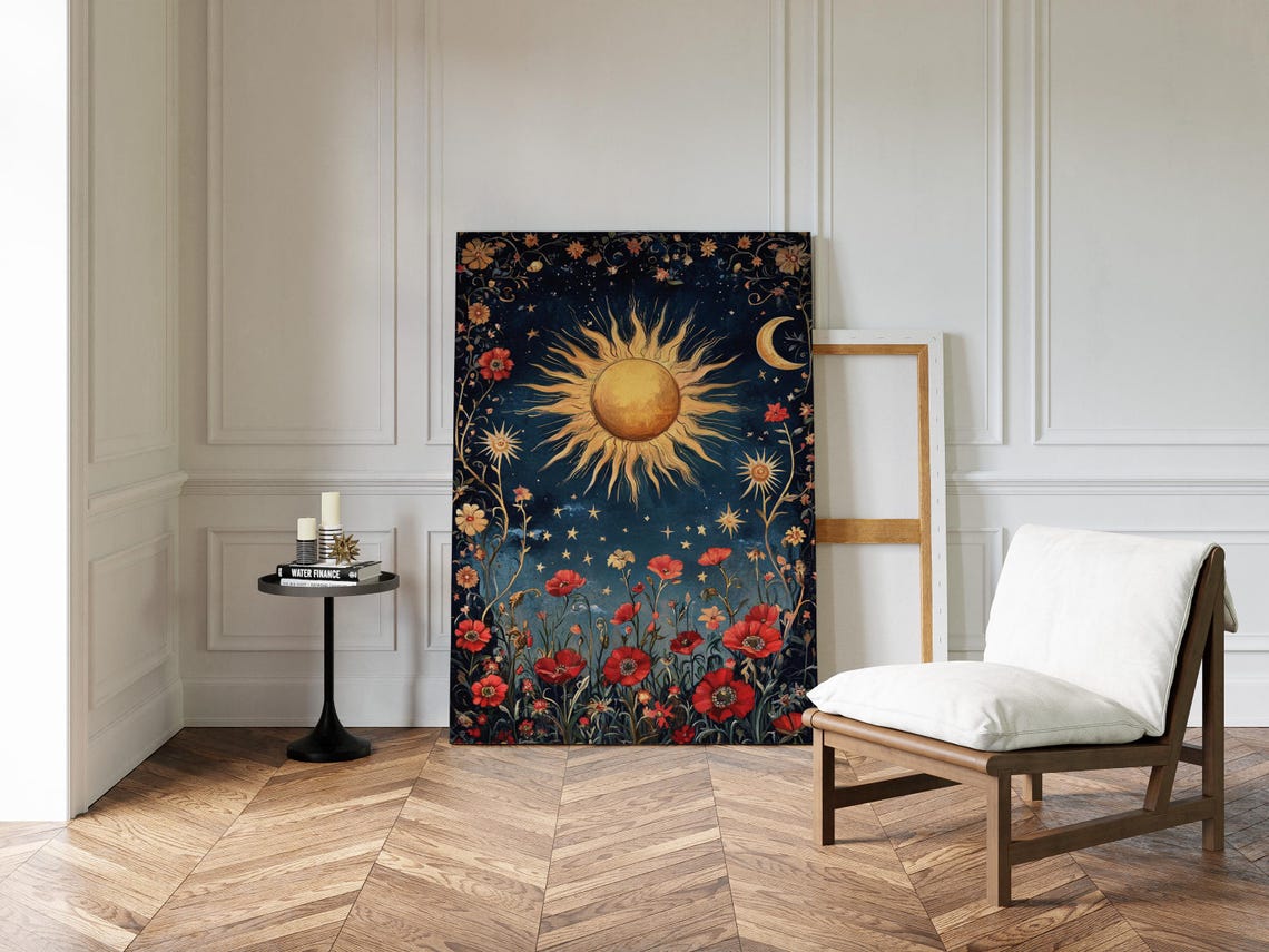 Celestial Sun And Moon With Red Florals On Starry Night Poster - Image 3