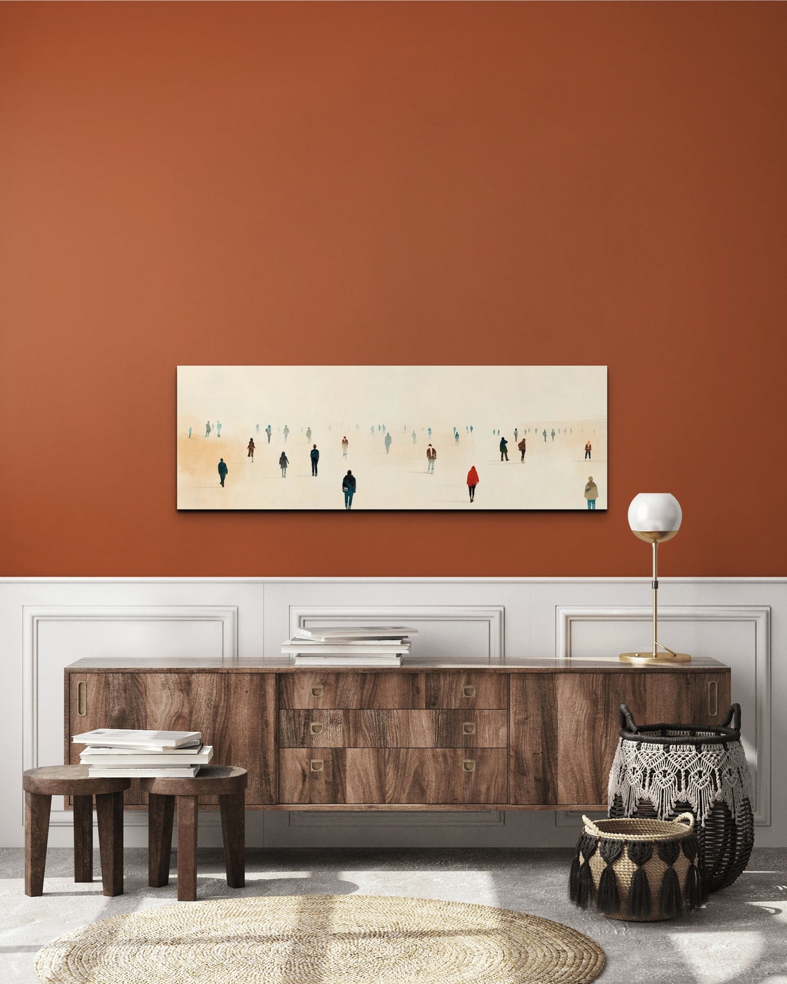 Minimalist Tiny People Walking in Fog Panoramic Neutral Art Poster - Image 7