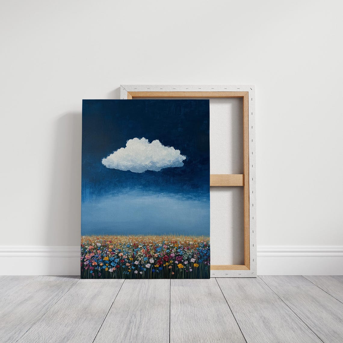 Lone White Cloud Over Wildflower Field Deep Blue Night Art Poster - Image 3
