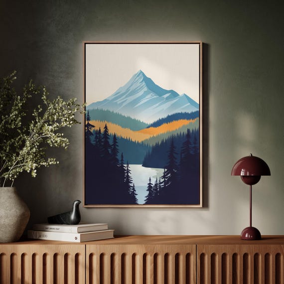 Mountain Lake Canvas Wall Art Scenic Minimalist Landscape With Pine Trees Snowy Peaks Sunset Glow Nature Decor For Cabin Style