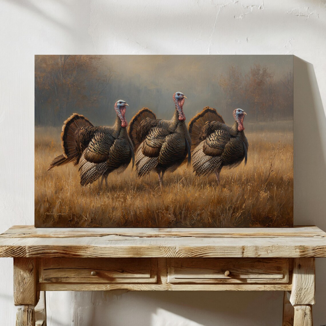 Three Wild Turkeys in Golden Autumn Field Wildlife Painting Poster