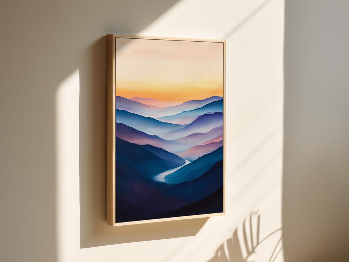Abstract Mountain Sunset Layered Misty Hills And River At Dusk Serene Landscape Wall Art - Image 3