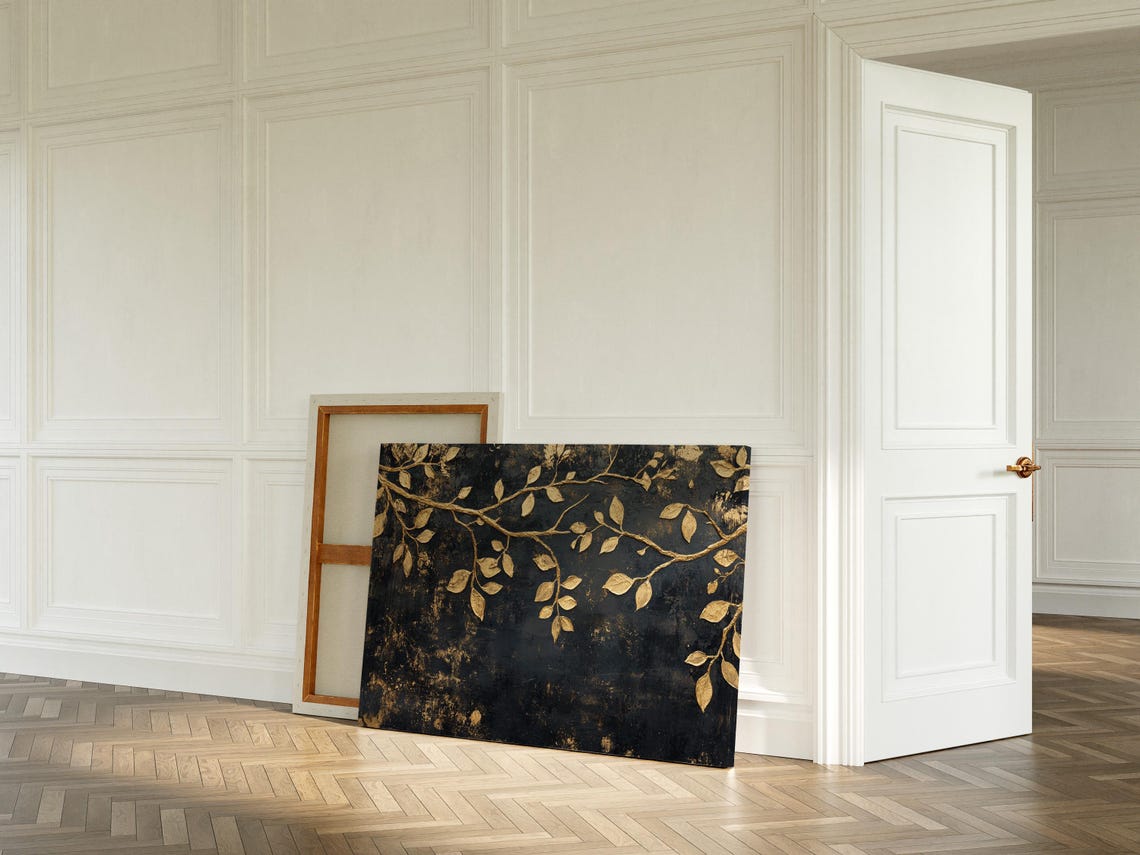 Gold Leaf Branches Black Canvas Luxury Botanical Abstract Print - Image 2