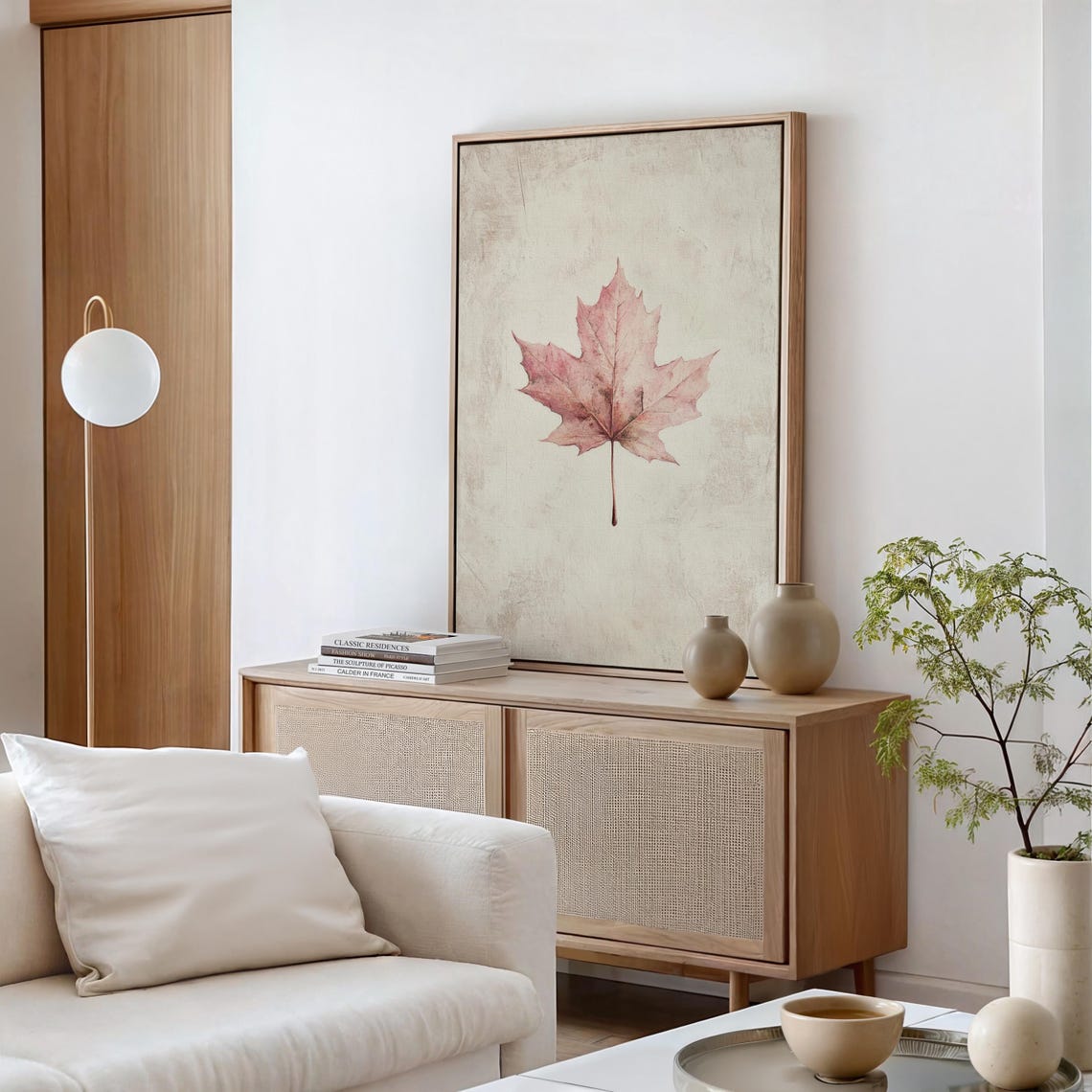 Single Blush Pink Maple Leaf On Textured Beige Autumn Wall Art - Image 4