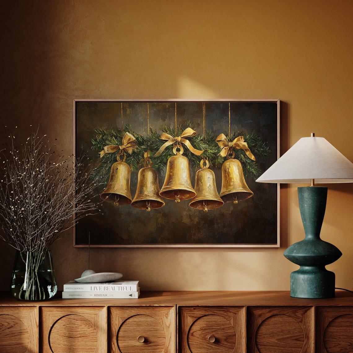 Golden Christmas Bells With Bows And Pine On Dark Vintage Wall Art