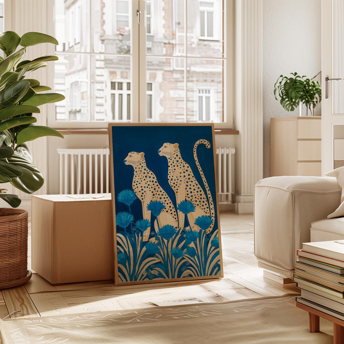 Twin Spotted Leopards Blue Wildflowers Navy Botanical Poster