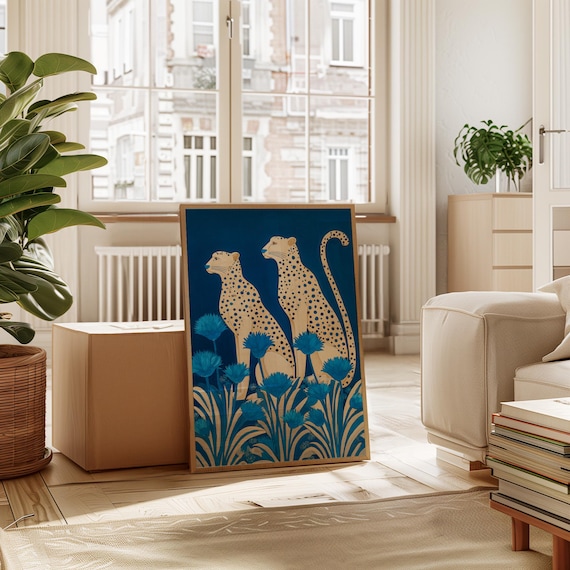 Twin Spotted Leopards Blue Wildflowers Navy Botanical Poster