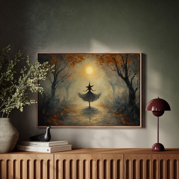 Vintage Halloween Witch Canvas Wall Art Spooky Autumn Forest Painting Full Moon Silhouette Framed Home Decor
