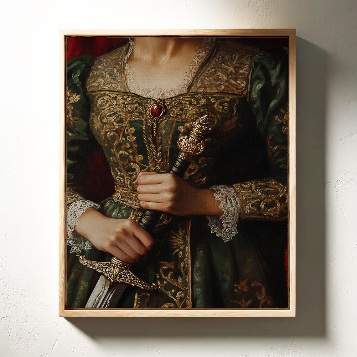 Regal Noblewoman in Green Brocade Gown Holding Ornate Sword Art Poster - Image 2