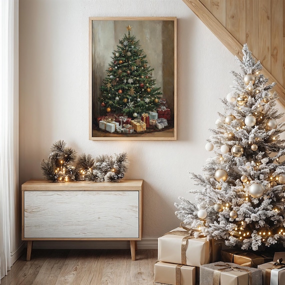 Decorated Christmas Tree With Gifts Vintage Style Holiday Wall Art