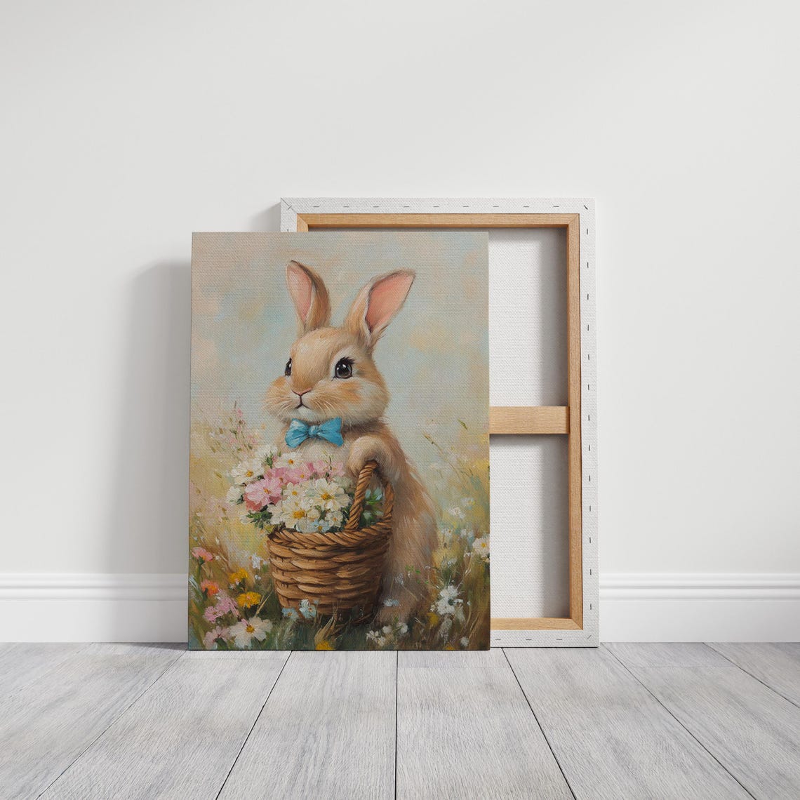 Charming Bunny Art Cute Rabbit With Flowers In Basket Adorable Pastel Spring Wall Decor Perfect For Nursery Or Easter Decor - Image 3