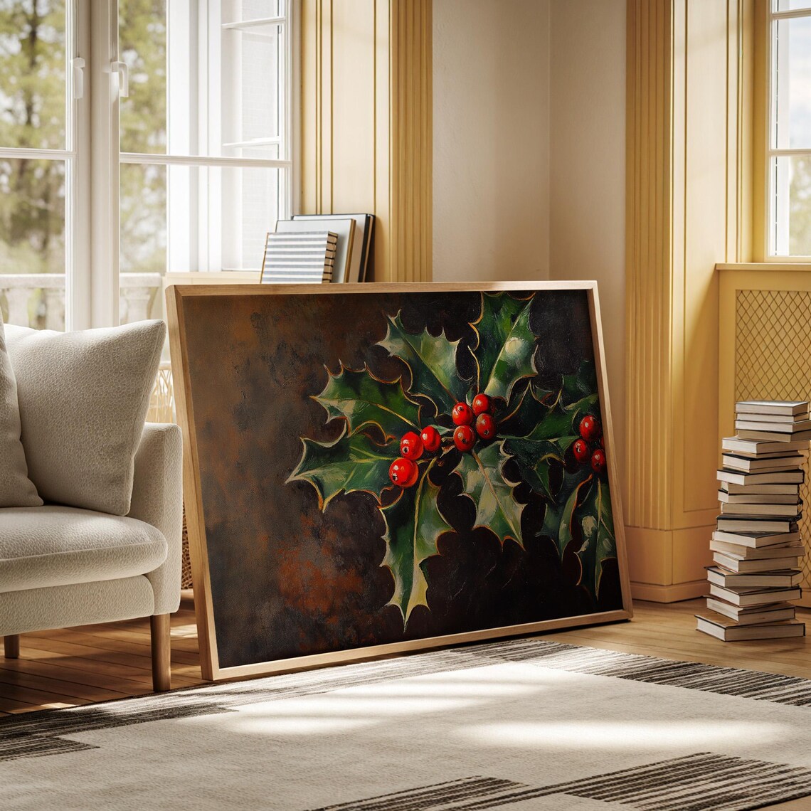 Holly Leaves And Red Berries Dark Oil Painting Christmas Wall Art - Image 4