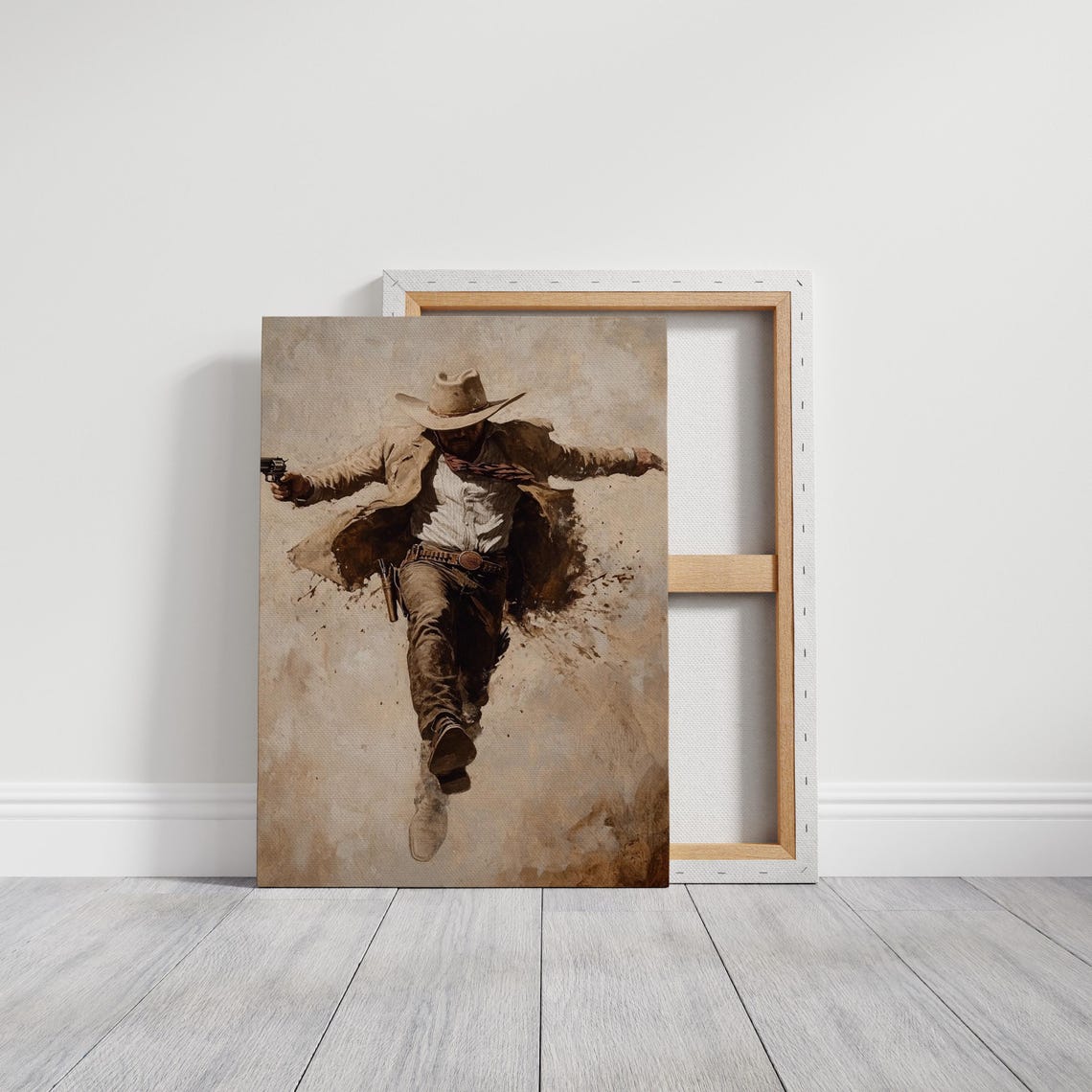 Dynamic Gunfighter Cowboy Leaping Mid Air With Revolver Sepia Poster - Image 4