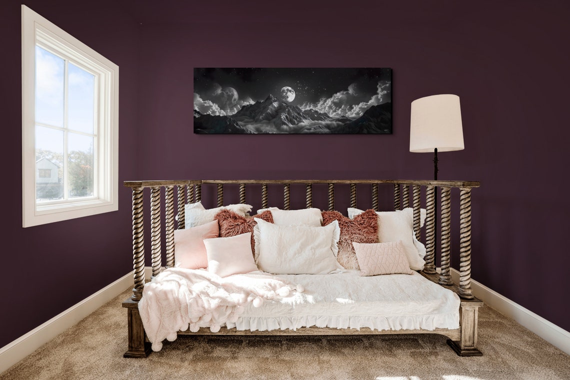 Black And White Mountains Above The Clouds Moonlit Night Poster - Image 5