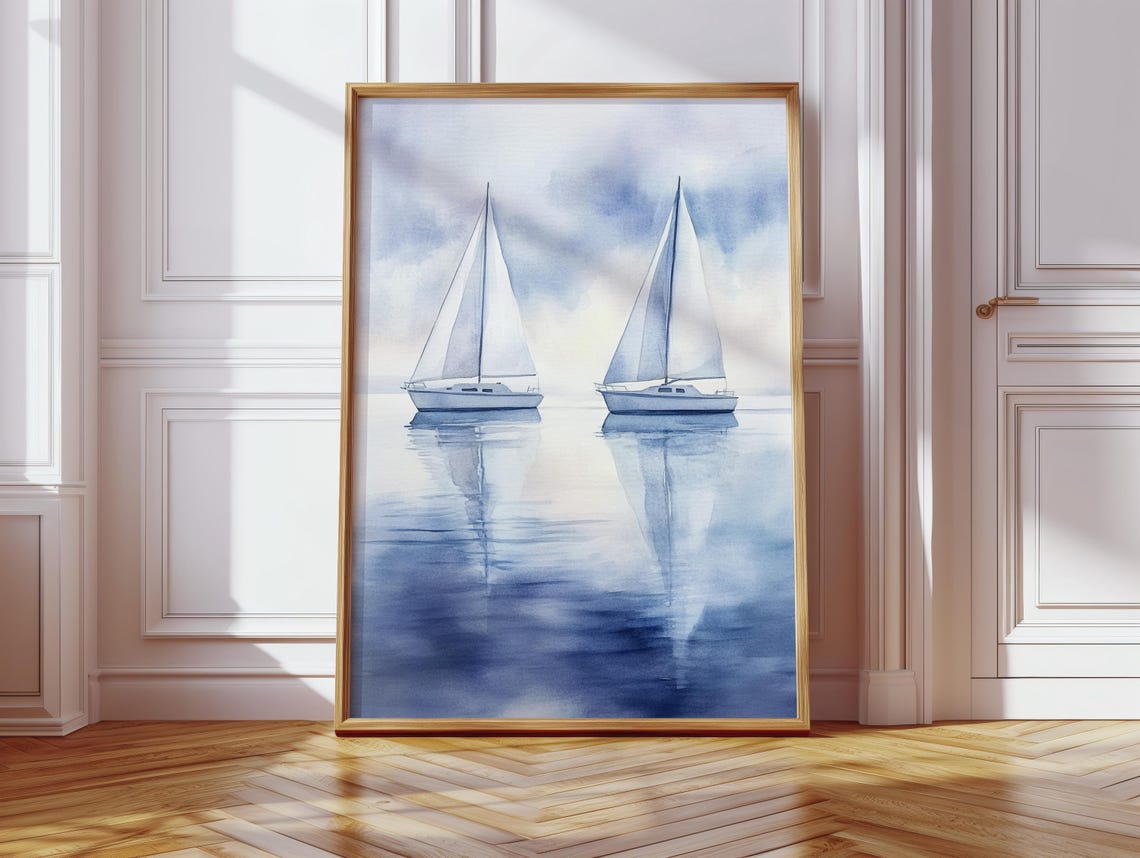 Two Sailboats On Calm Sea Soft Blue Nautical Watercolor Poster