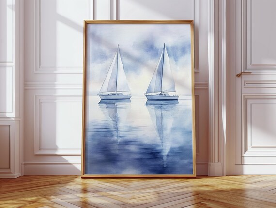 Two Sailboats On Calm Sea Soft Blue Nautical Watercolor Poster