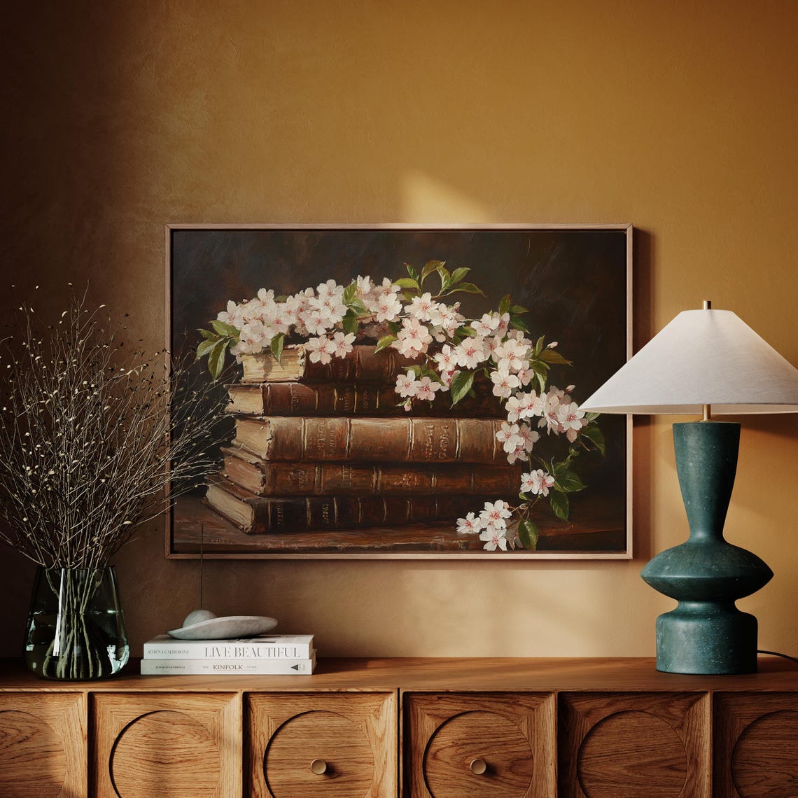 Antique Books White Blossoms Dark Vintage Floral Library Art Poster - Image 4