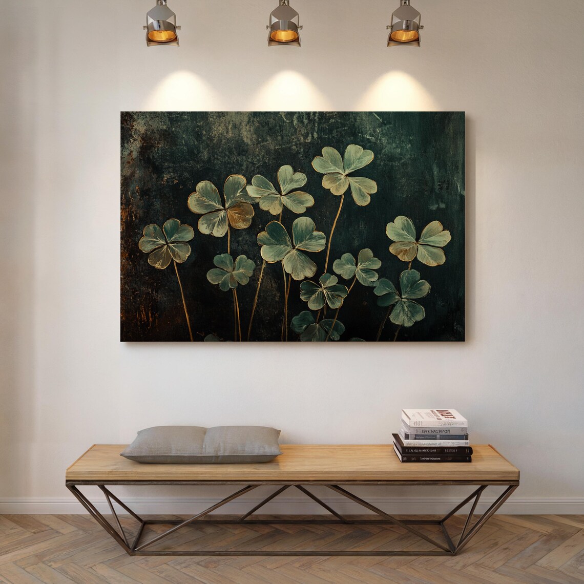 Golden Clover Leaves on Dark Moody Botanical Oil Painting Poster - Image 7