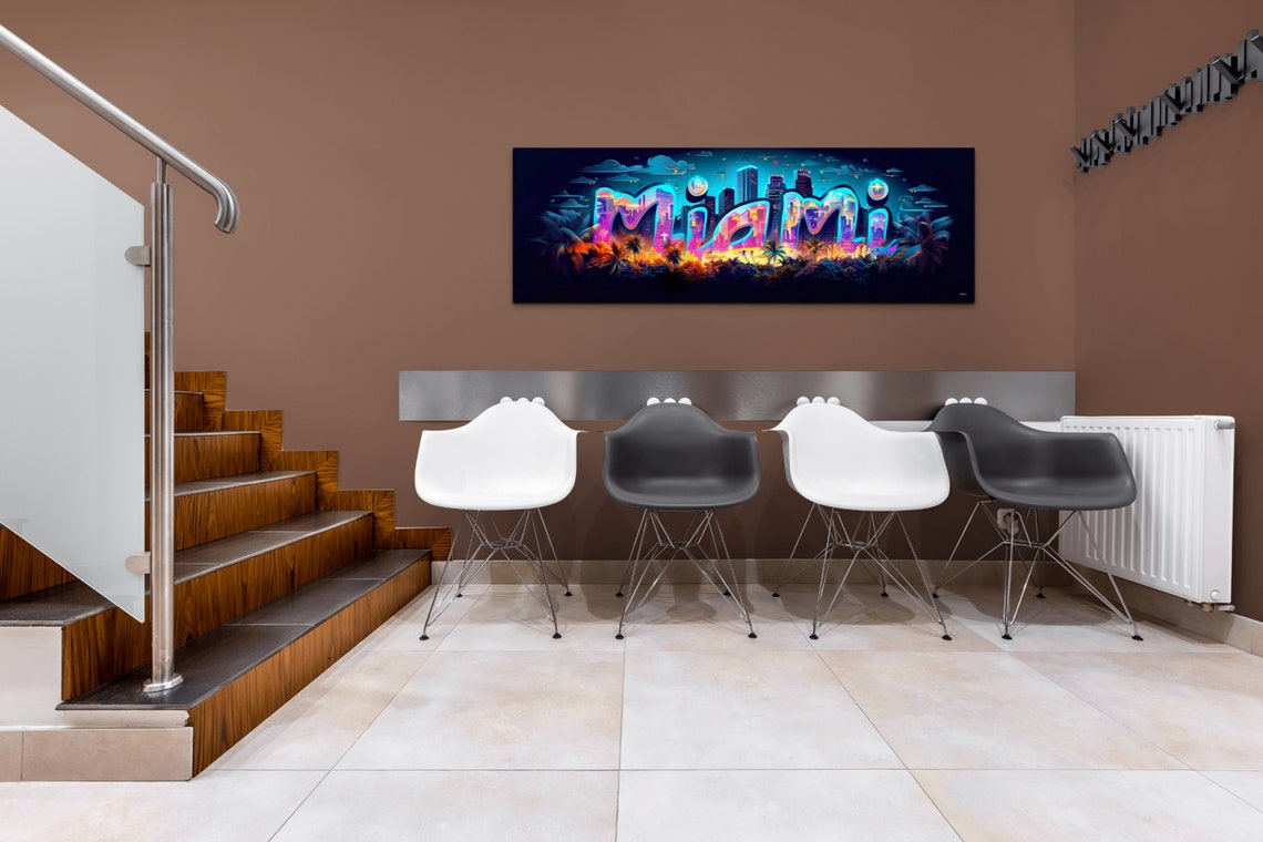 Miami Neon Lettering Night Skyline Panoramic City Glow Poster - Image 2