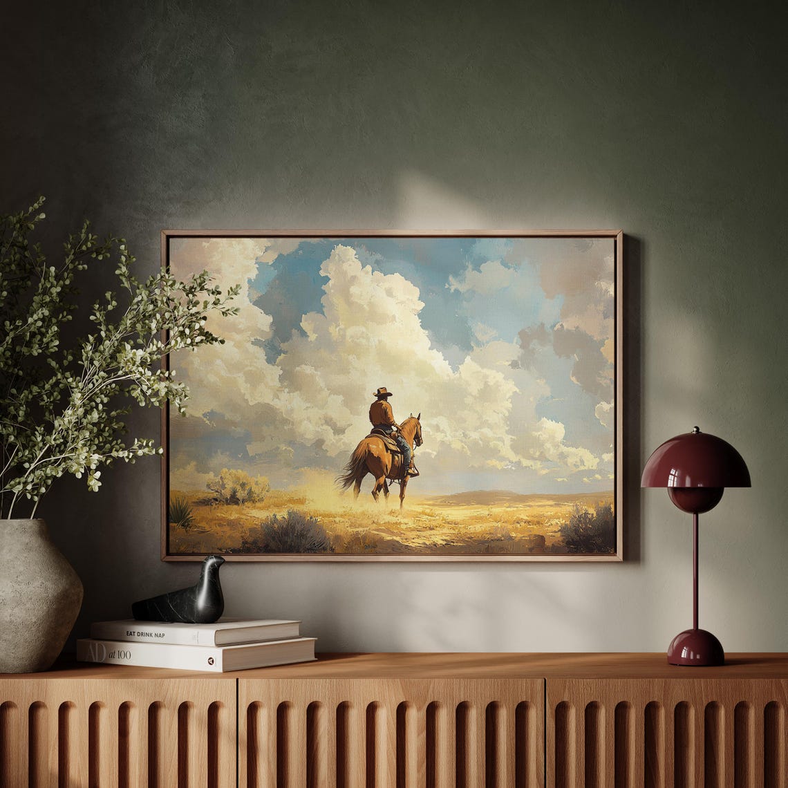 Cowboy Riding Into Golden Prairie Cumulus Clouds Western Poster