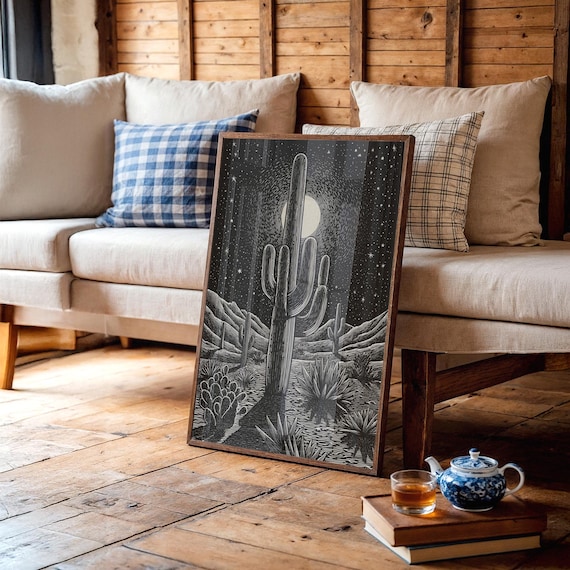 Moonlit Desert Cactus Under Starry Night Sky