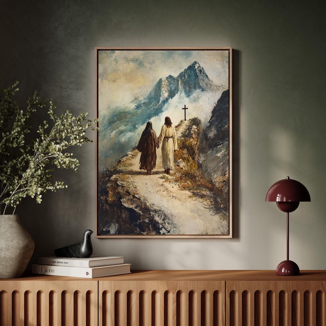 Jesus Walking With a Woman Toward a Cross on a Mountain Path Poster - Image 3