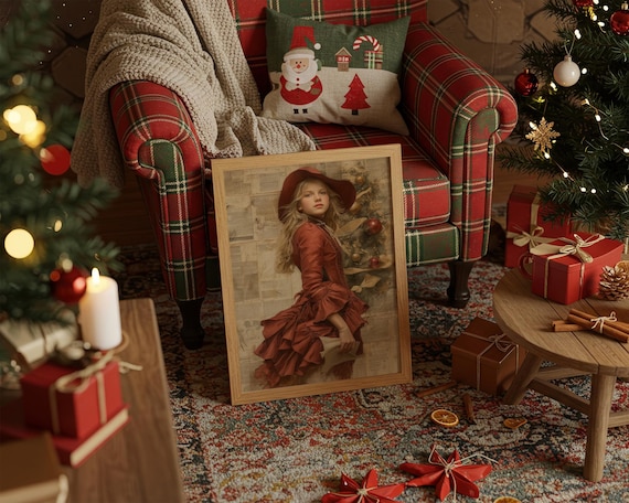 Victorian Girl In Red Dress By The Christmas Tree Holiday Art Poster