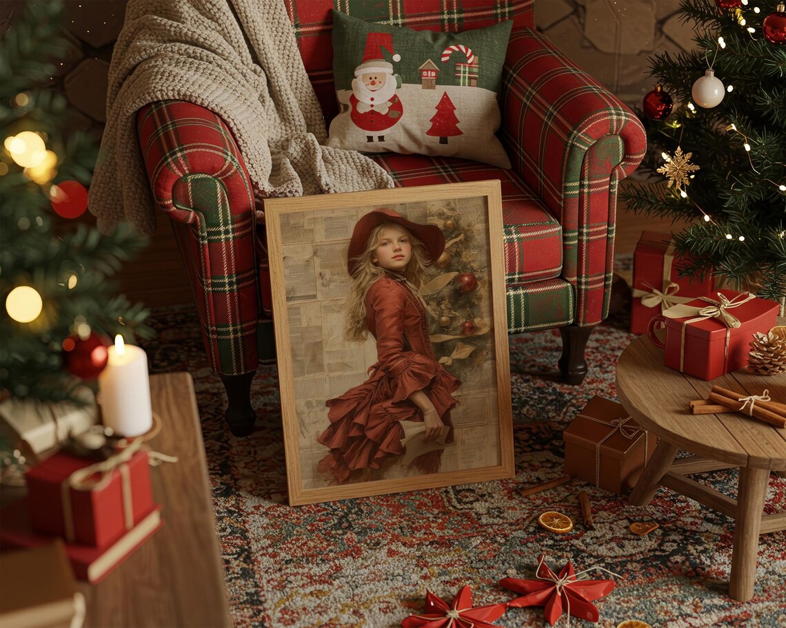 Victorian Girl In Red Dress By The Christmas Tree Holiday Art Poster