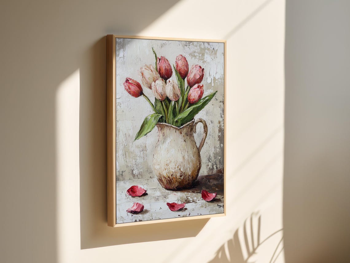 Pink Tulips in Vintage Ceramic Pitcher With Scattered Petals Poster - Image 5
