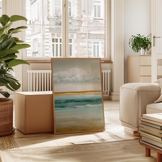 Calming Ocean Horizon Watercolor In Soft Aqua Cream And Gold Tones Poster
