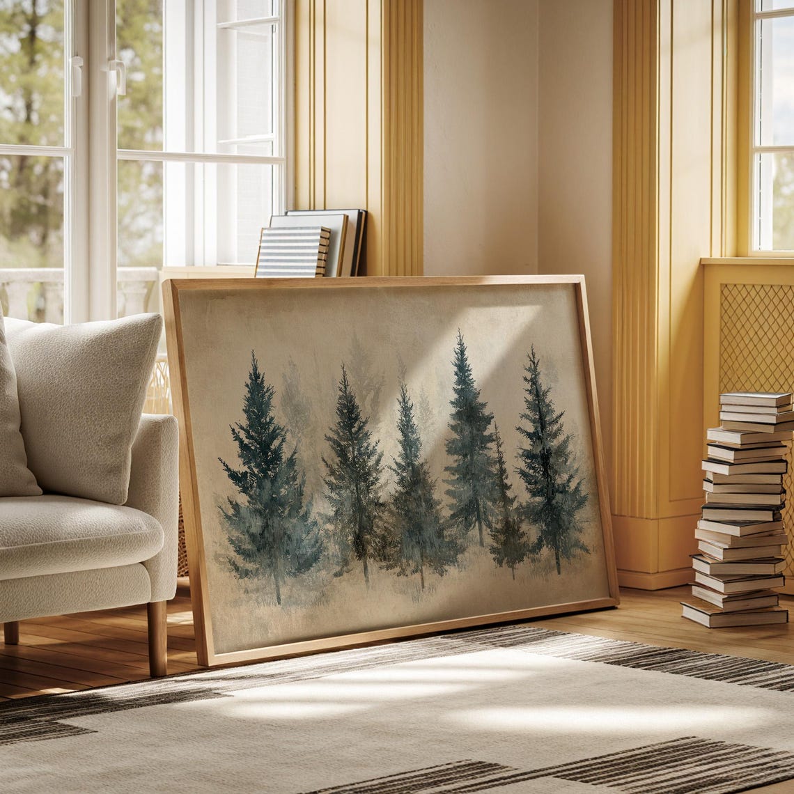 Minimalist Watercolor Blue Pine Trees In Soft Winter Fog Poster - Image 6